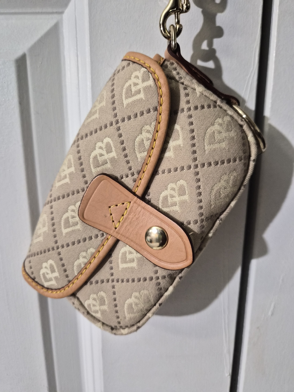 Dooney & Bourke Beige Monogram Wristlet Pouch with Tan Trim